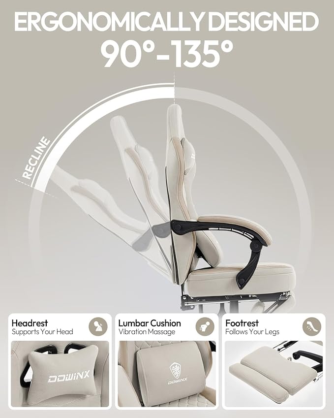 Dowinx Gaming Chair Breathable Fabric Game Chair with Gel Pad and Storage Bag Comfortable Gamer Chair with Pocket Spring Cushion Ergonomic Computer Chair with Footrest Beige and Brown