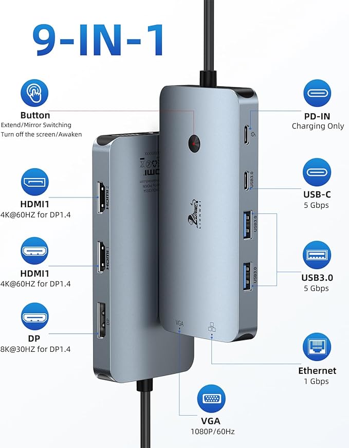 Laptop Docking Station 4 Monitors 9 in 1 Dual HDMI+DP+VGA 100W PD 5Gbps 3 USB C/A Ports Ethernet LIONWEI Docking Station Dual Monitor USB C Hub for Dell/HP/Surface/MacBook