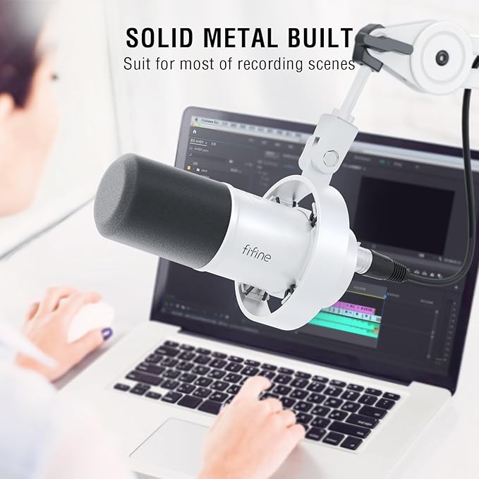 FIFINE XLR Mic Set with Boom Arm Stand USB PC Podcast Microphone with Tap-to-Mute Gain Knob Headphones Jack for Streaming Recording Metal Heavy Duty Mic Stand (K688W+BM63W)