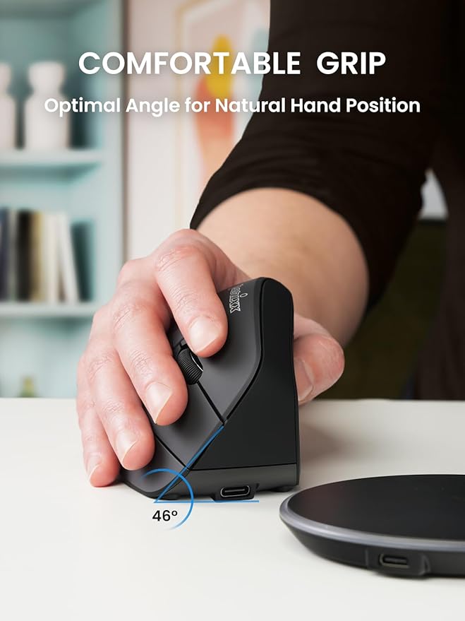 Perixx PERIMICE-715RX Wireless Rechargeable Vertical Mouse - Duo Wired and Wireless Charging Feature - Charger Included - Right-Handed - Black