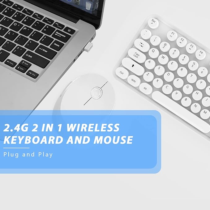 Wireless Keyboard Mouse Combo 104 Keys Cute White Keyboard with Number Pad &amp Mouse for Windows Computer PC Notebook Laptop (White)
