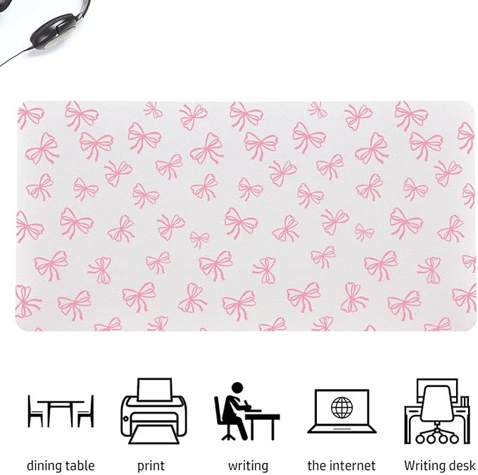 Cute Pink Bow White Extended Gaming Keyboard Mouse Pad Non-Slip Leather Home Office Desk Mat Protector Laptop Desk Pad Writing Pad