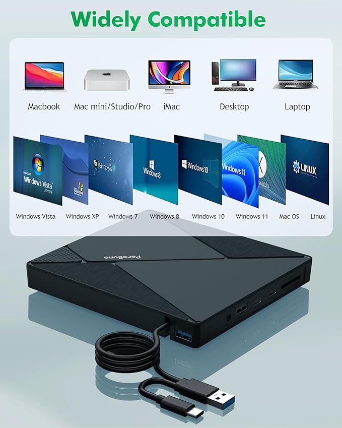 PeroBuno External CD DVD Drive USB 3.0 Optical Disc Drive 4 USB Ports and 2 TF/SD Card Slots CD DVD Burner Writer Reader Player for Laptop MacBook iMac Desktop PC Windows 11/10/8/7/XP Linux Mac OS