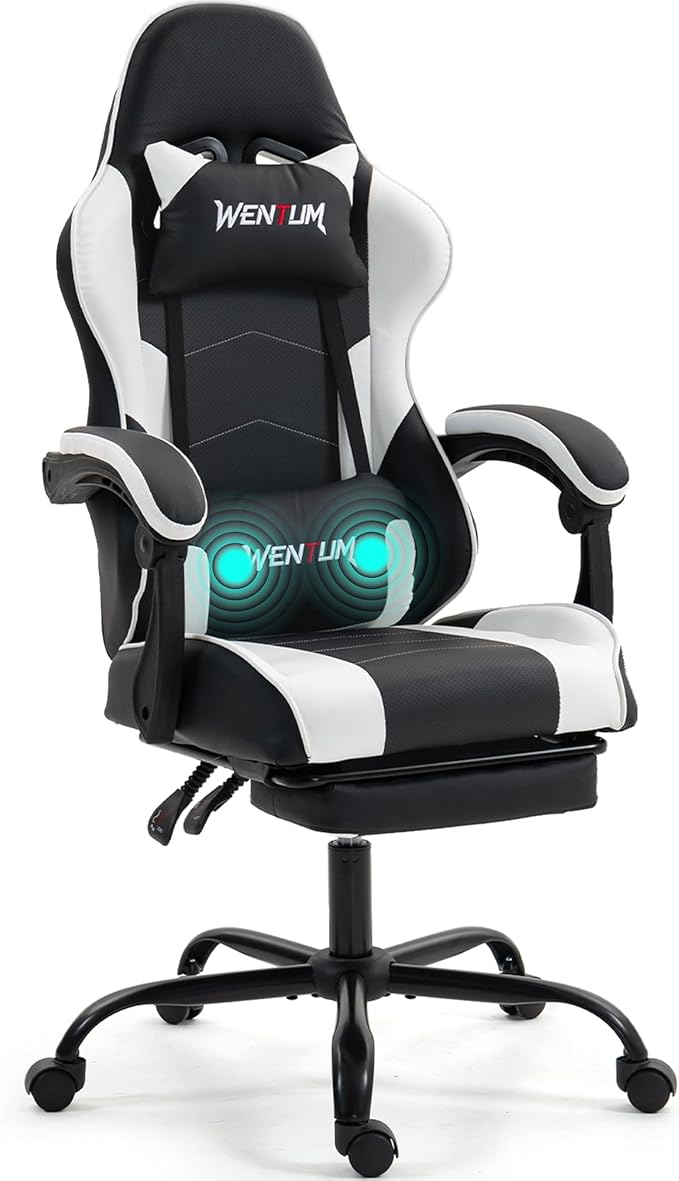 Gaming Chair with Footrest for Adults - PU Leather Video Game Chair w/Massage Lumbar Support for Men Women Ernogomic Computer Gamer Chair for Home Office Height Adjustable White