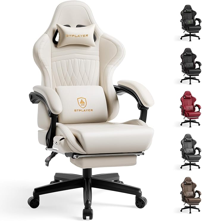GTPLAYER Gaming Chair with Speakers Video Game Chairs with Footrest PC Gamer Chairs for Adults - Padded High Back Ergonomic Reclining Silla Gamer Linkage Armrest Ace Pro Ivory