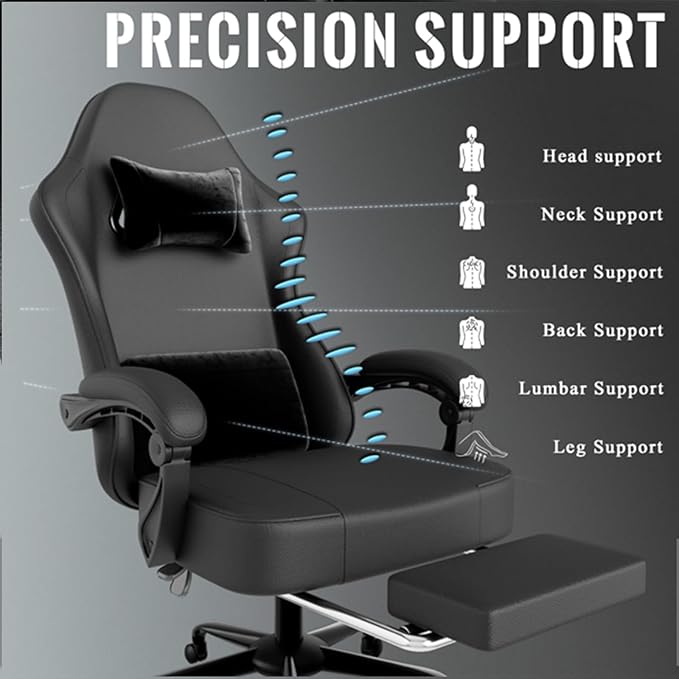 Gaming Chair Ergonomic Office Chair with Linkage Armrests High Back Computer Desk Chair with Retractable Footrest &amp Adjustable Headrest 350 lbs Capacity (Black)