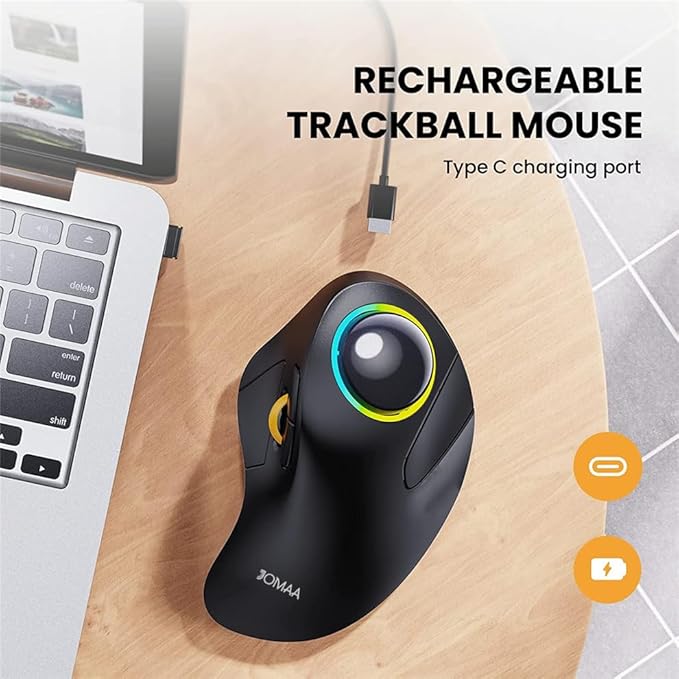 JOMAA Wireless Bluetooth Computer Trackball Mouse with RGB BacklightFinger Control 3 Device Switch Silent Rechargeable Ergonomic Drawing Office Mouse for Laptop Desktop Computer Tablet Phone