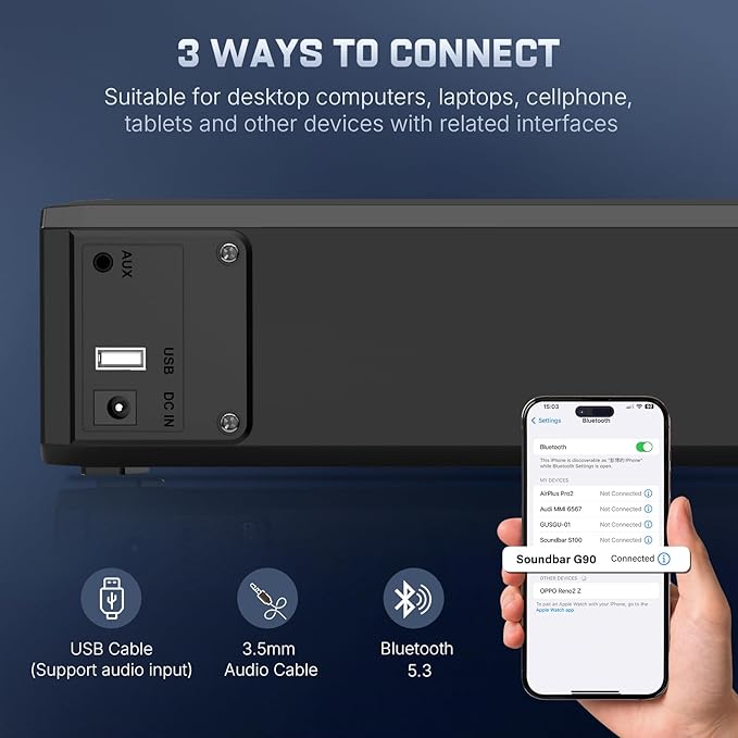 Wohome 2.1 Computer Speakers for Desktop PC Bluetooth 5.3 Computer Sound Bar with HiFi Sound 7 RGB Light Modes DC Powered Laptop Speakers with 3.5mm AUX-in/USB Connected for Game Music and Movie