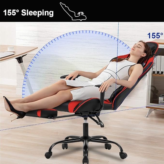 PC Gaming Chair with Footrest Ergonomic Home Office Chair with Lumbar Support &amp Headrest Pillow Height Adjustable Swivel Recliner Racing Computer Video Game Chairs Red