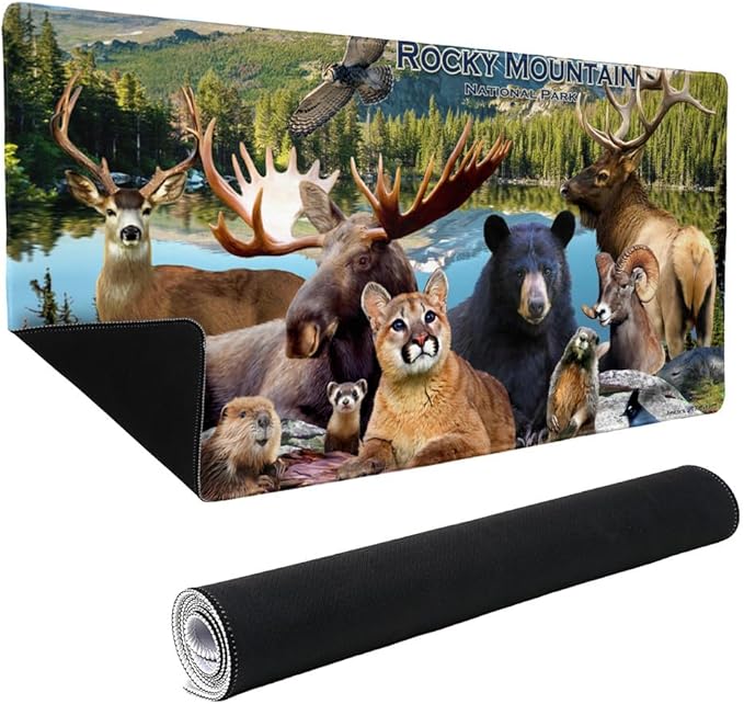 Rocky Mountain National Park Animals Moose Cougar Bear Beaver Elk Large Gaming Mouse Pad Desk Mat with Stitched Edges Non-Slip Base