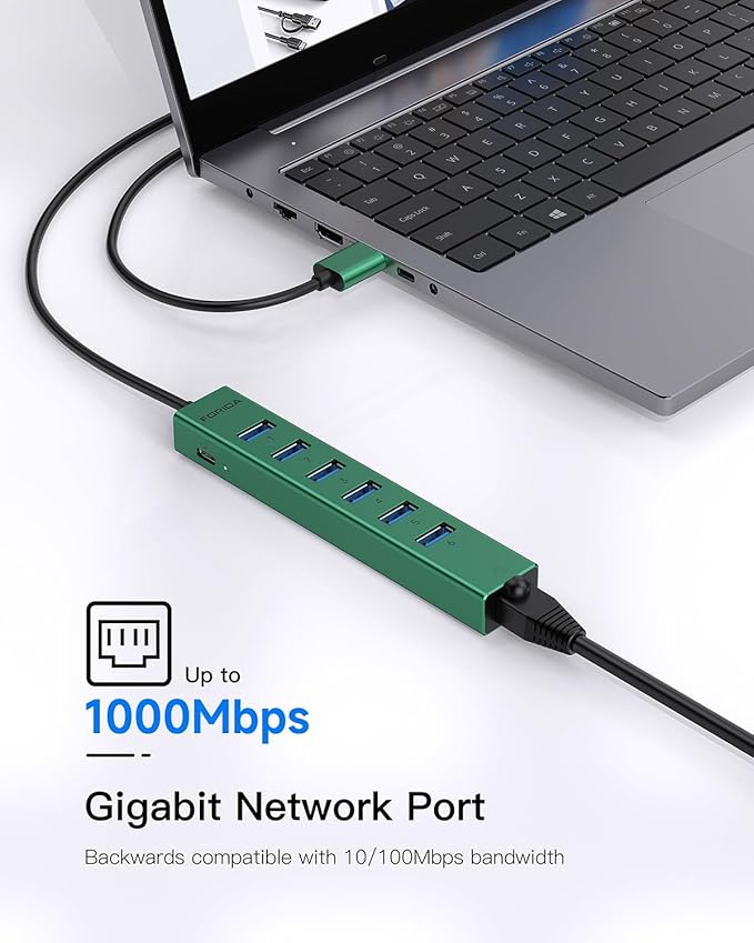 7 Ports USB 3.0 Hub USB to Network HUB with 3.9ft Long Cable for Laptop USB Splitter with Gigabit Ethernet Port and 5V/3A Power Port MultiPort Aluminum Hub for iMac PC Flash Drives (Green)