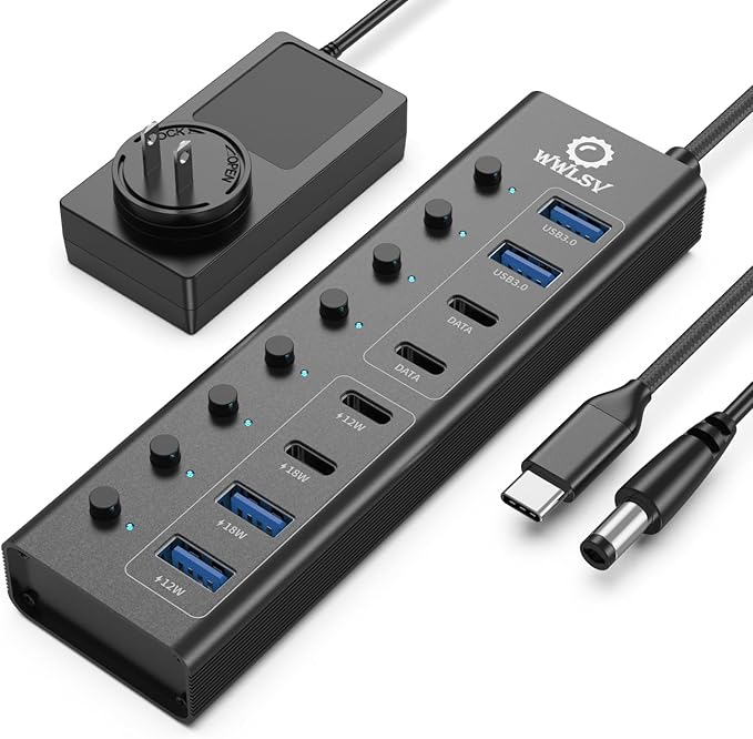 Powered USB Hub 8-Port USB 3.0 Splitter with 4 Fast Data Ports (2 USB-A 3.0 &amp 2 USB-C) 4 Charging Ports 65W Power Adapter Individual On/Off Switches USB Power Hub for Laptop/PC