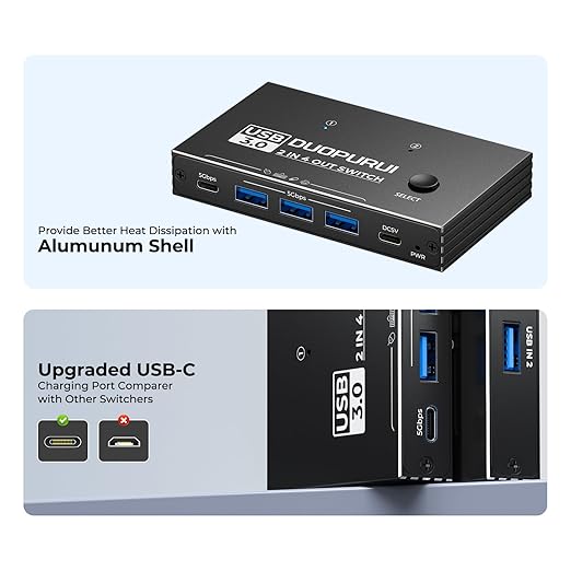 USB 3.0 Switch 2 Computers Sharing USB C &amp A DevicesEasy One-Click Device Switching with USB-C Cable &amp USB-A CableUSB Switch Hub Share Keyboard Mouse Printer Scanner(USB3.0 2in4out)