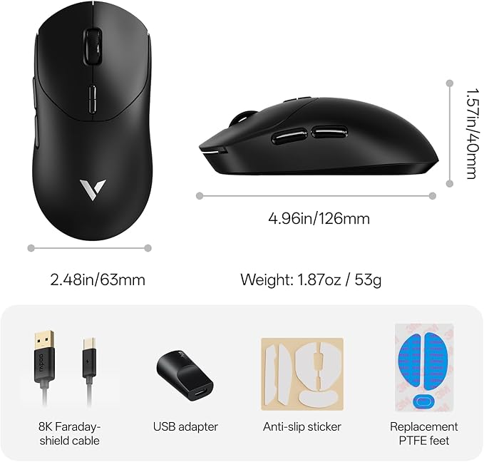 Rapoo VT2 Wireless Gaming Mouse True 8K Wireless Polling Rate 53g Lightweight Up to 750 Hr Battery Nordic nRF54L15 MCU 100-Million Mechanical Switch 10 Programmable Buttons Macro Enabled