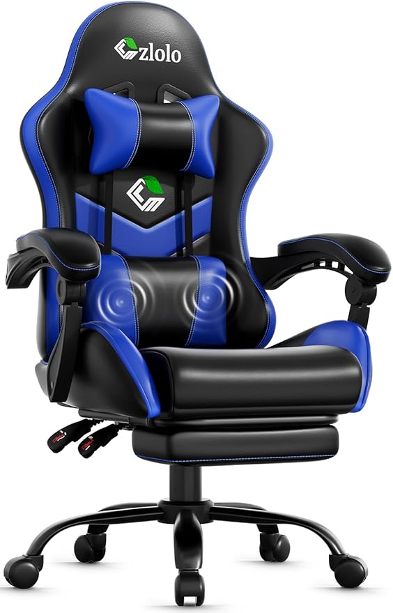 Gaming Chair with Footrest Racing Style Lumbar Support Massager Video Game Chair with Metal Legs High Back Gamer Chair with Headrest 360° Swivel Office Computer Desk Chair Bright Blue