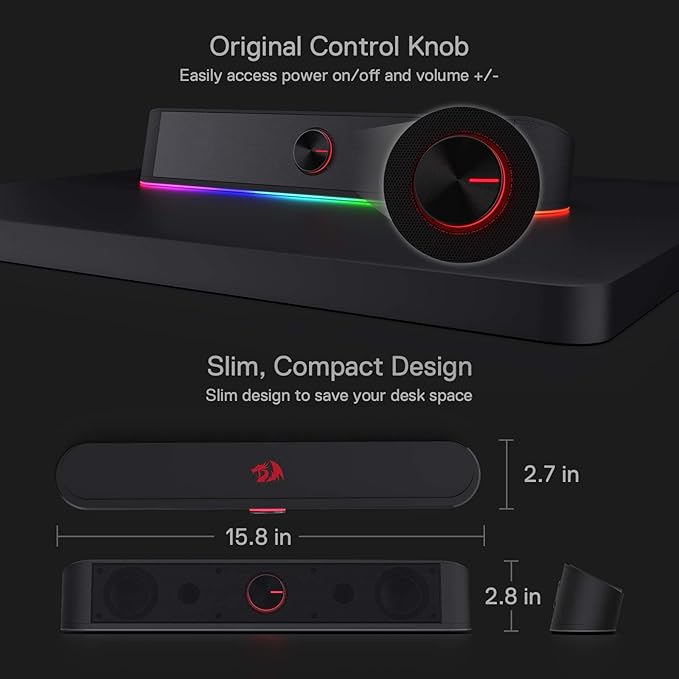 Redragon GS560 RGB Desktop Soundbar 2.0 Channel Computer Speaker with Dynamic Lighting Bar Audio-Light Sync/Display Touch-Control Backlit with Volume Knob USB Powered w/ 3.5mm Cable Black