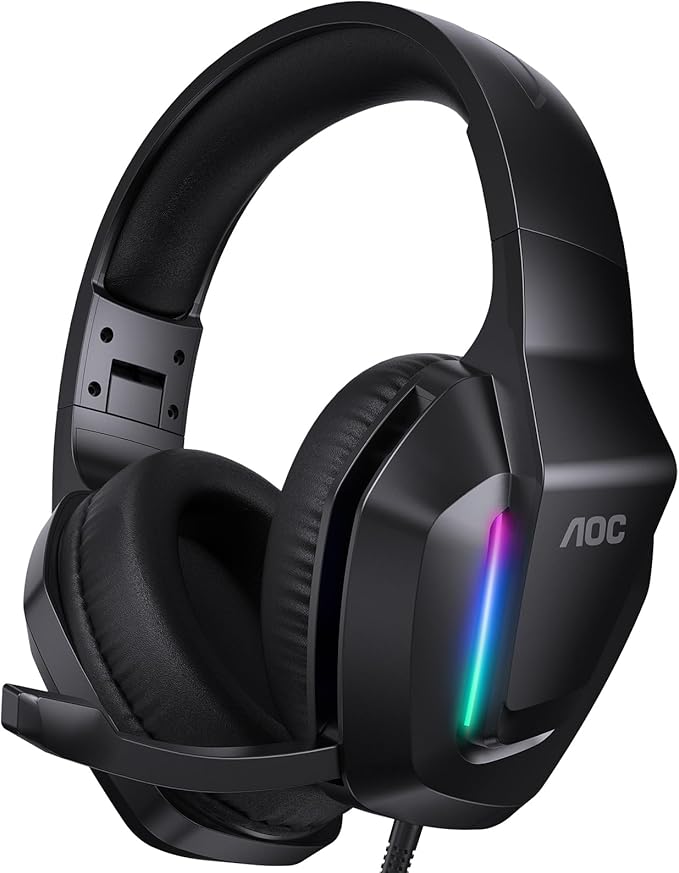 AOC Gaming Headset for PS5 PS4 PC Mac Switch Xbox Series Surround Sound RGB Gaming Headphones with Noise Canceling Microphone 50MM Dynamic Drivers 3.5MM Audio Jack Black