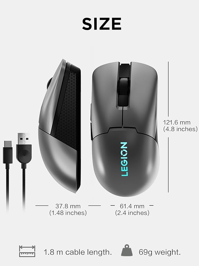 Lenovo Legion M600s RGB Wireless Gaming Mouse – 19000 DPI 6 Programmable Buttons 70 Hours Battery Life Tri-Mode Connectivity (2.4 GHz Bluetooth Wired) (Iron Grey)