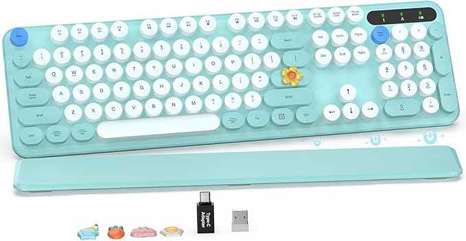 Wireless Keyboard Round Keycaps Retro Typewriter Keyboard with Detachable Wrist Rest Sleep Mode Foldable Legs 2.4GHz Full-Size Cordless Computer Keyboard for Windows/PC/Laptop (Tiffany Blue)