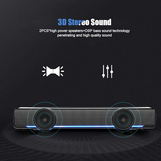 Bewinner USB Wired Soundbar 3.5mm Stereo Soundbar Music Player Bass Surround Sound Box for Desktop Laptop TV Smartphone Tablet PC MP3 MP4 Portable Subwoofer Home Audio Speakers(Black)