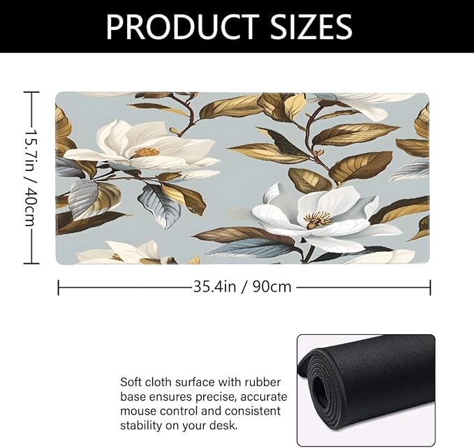White Flower Brown Leaf Large Mouse Pad Gaming Mousepad Desk Mat for Desktop Computer Keyboard Waterproof Mouse Mat Desk Pad with Non-Slip Base for Game School Office Home 35.4 x 15.7