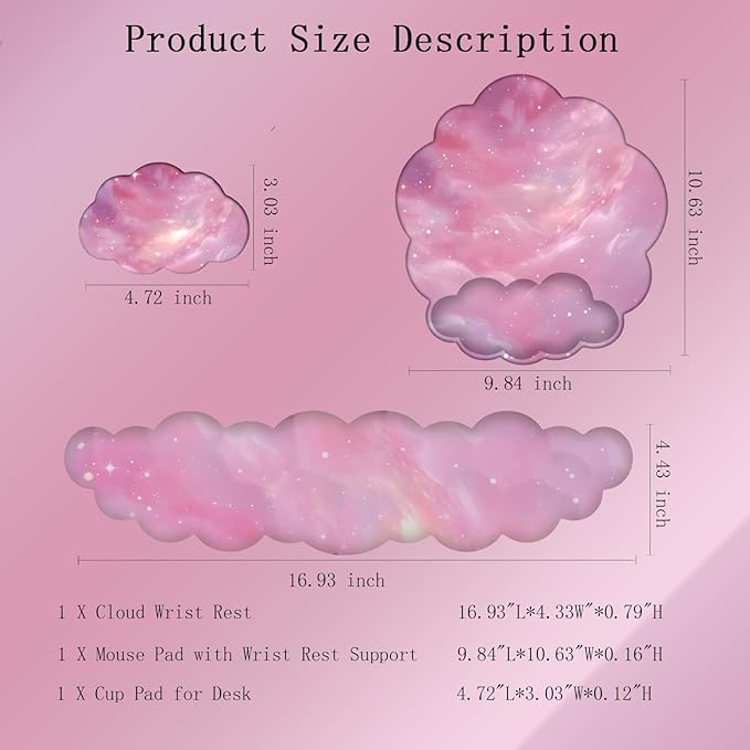 Cloud Keyboard Wrist Rest Galaxy Mouse Pad with Wrist Rest Ergonomic Space Wrist Pad Memory Foam Non-Slip Wrist Support for Computer Laptop Gaming Home Office Relief Typing Pain Pink Stars