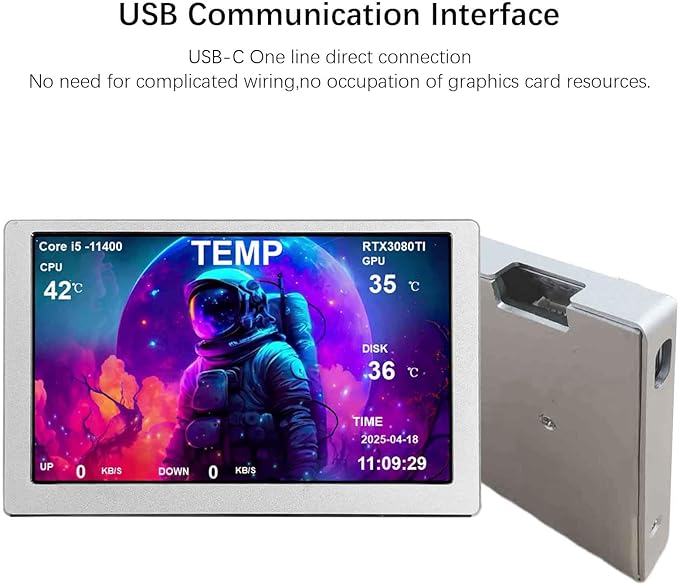 VSDISPLAY 5 Inch LCD Monitor 800x480 for Computer PC Case Temp Display Sensor Panel GPU CPU RAM Data MonitoringSilver