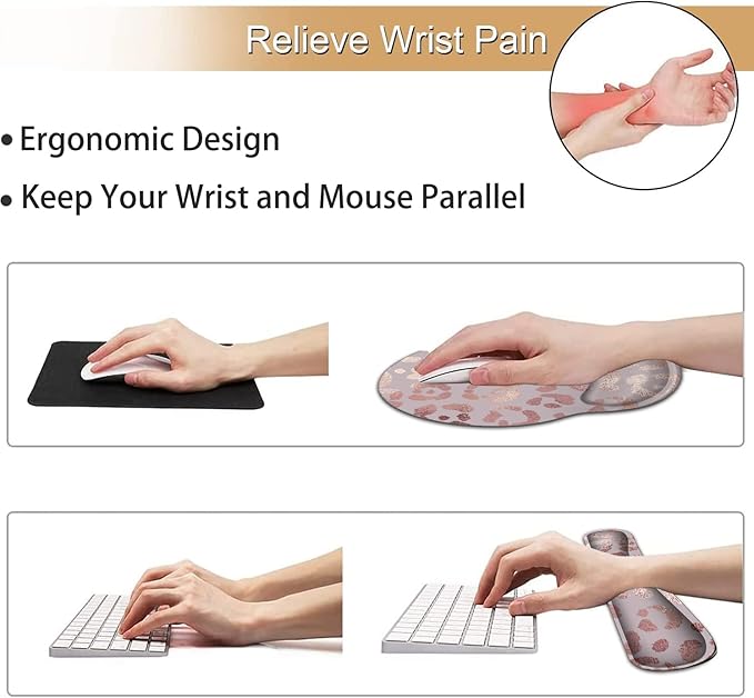Ergonomic Mouse Pad Wrist Support and Memory Foam Keyboard Wrist Rest Set for Gaming Computer Office Laptop Easy Typing Wireless Mouse Mat Gel Gaming Pad Rose Gold Leopard Print Office Desk Pad