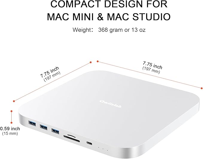 Qwiizlab Mac mini Hub with Dual Drive Enclosure Docking Station for Mac mini M2/M1 Mac Studio M4/M/3/M2/M1 Type-C 10Gbps Card Readers 104MB/s Fits M.2 SATA NVMe SSD 2.5'' HDD SSD (Silver)