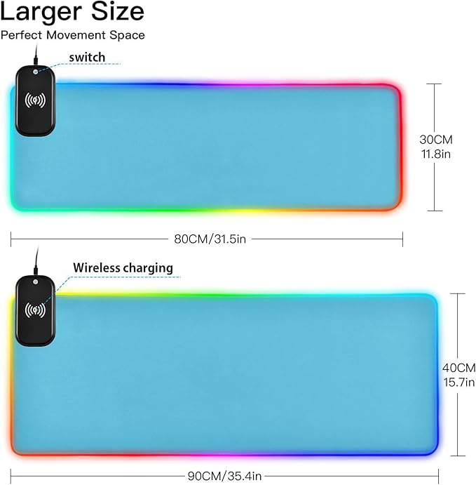 Blue Light Mouse Pad Gaming Mousepad Non Slip Desk Mat Wireless Charging Computer Mouse Pads RGB Keyboard Pad Mats for Desktop Office Home 35.4 x 15.7 in