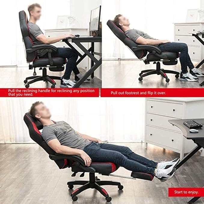 Boss Racing Gaming Chair with Reclining Footrest Adjustable Lumbar Support PU Leather Office Desk Chair Black
