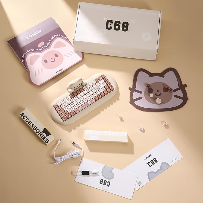 YUNZII C68 Wireless Mechanical Keyboard65% LayoutHot SwapTriple Mode BT5.0/2.4G/Wired RGB Backlit NKROCute Cat Silicone Ergonomic Design for Win/Mac (Brown Milk Switch)