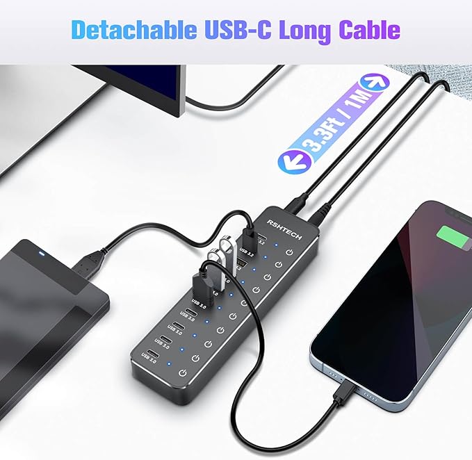 RSHTECH 10 Ports Powered USB 3.2/USB C Hub Splitter 60W with 3 x 10Gbps USB 3.2 Ports (2C + 1A)7 x USB 3.0 Ports (4C + 3A) 3.3ft Cable and Individual Touch Switches for Laptop PC