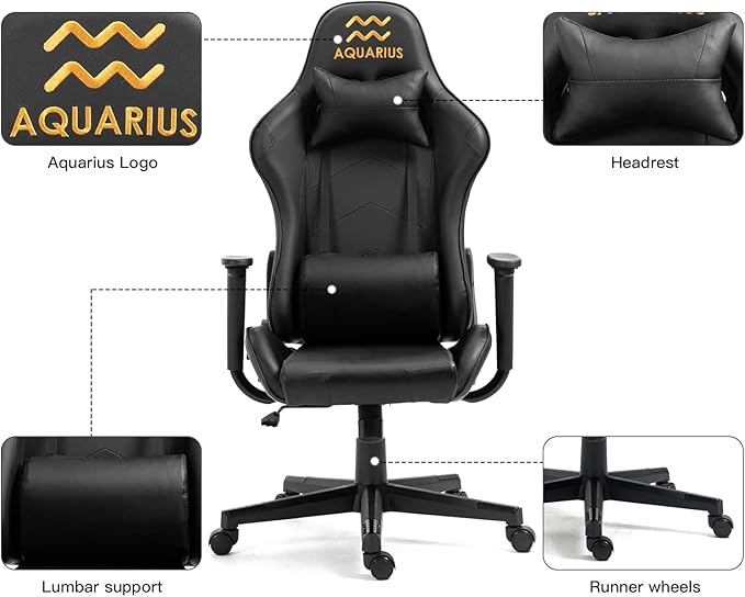 Modern-Depo Aquarius Zodiac Gaming Chair with Ergonomic Design Adjustable Swivel Recliner 330 lbs Load Capacity Black