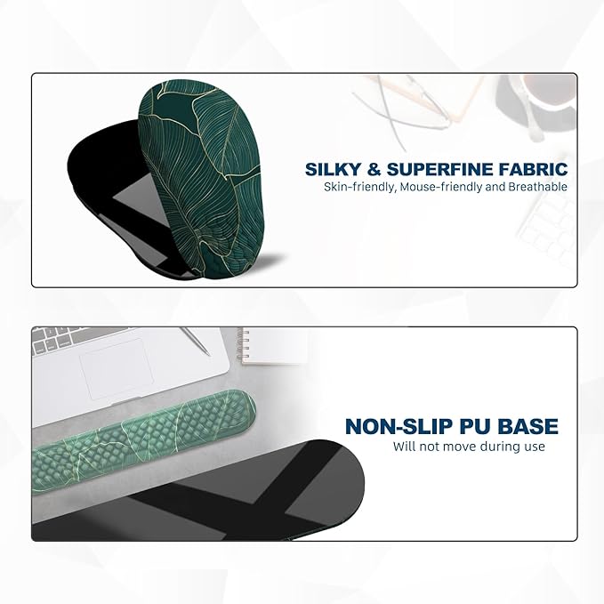 Ergonomic Mouse Pad and Keyboard Wrist Rest with Massage Design Space-Saving Mouse Pad Wrist Support Memory Foam Wrist Rest with Non-Slip PU Base for Computer Desk Green Leaves