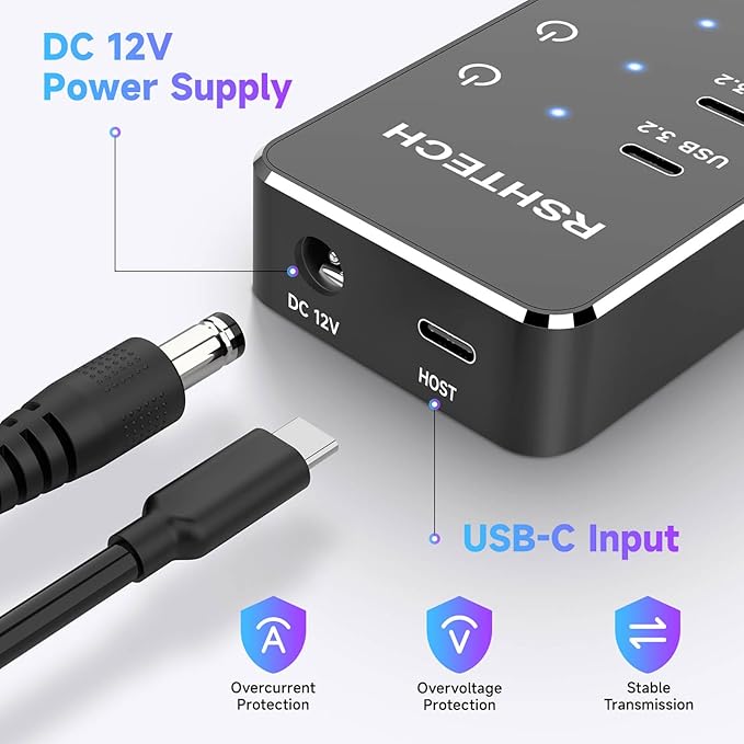 RSHTECH 10 Ports Powered USB 3.2/USB C Hub Splitter 60W with 3 x 10Gbps USB 3.2 Ports (2C + 1A)7 x USB 3.0 Ports (4C + 3A) 3.3ft Cable and Individual Touch Switches for Laptop PC