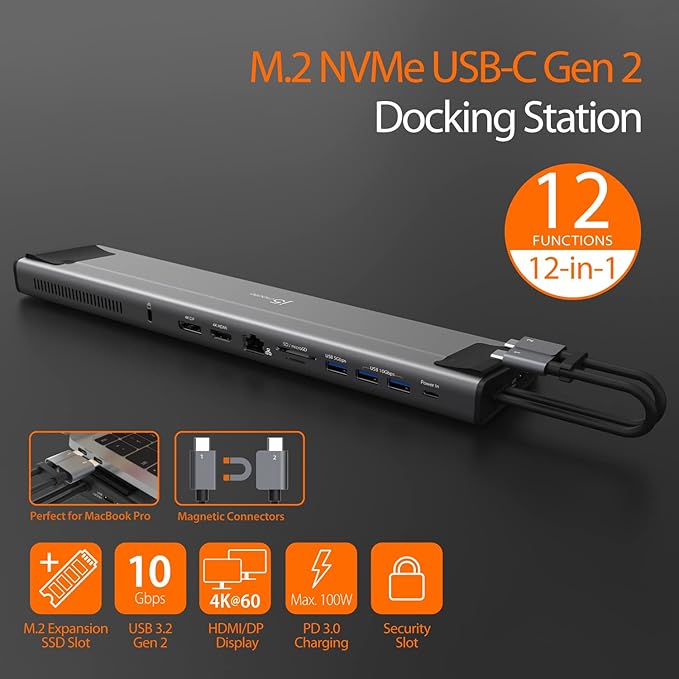 j5create USB C Dual 4K 60Hz Display Docking Station (12-in-1) Built-in M.2 SSD Slot HDMI DisplayPort 10Gbps USB-A Card Reader PD 100W Ethernet for 2021 MacBook Pro (JCD552)
