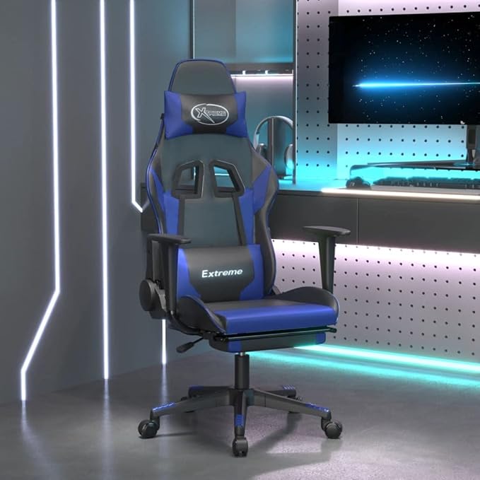 Massage Gaming ChairComputer Gaming Chair Swivel Task Chair with Headrest and Lumbar Support Suitable for Office Gaming Room with Footrest Black Blue Faux Leather