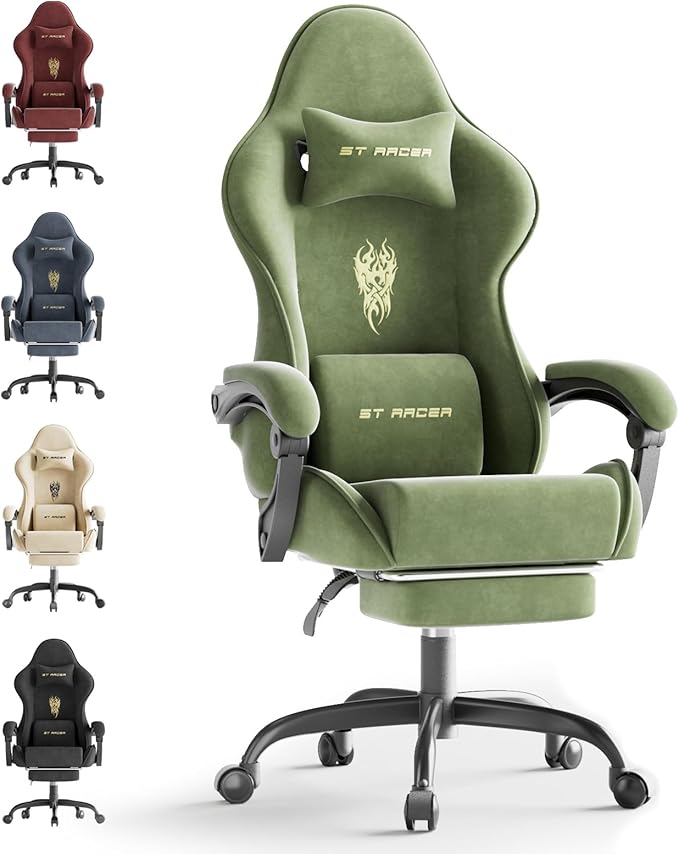 Huracan Velvet Fabric Racing Gaming Chair for Adults - Ergonomic Gamer Chair with Massage Lumbar Footrest &amp Spring Cushion | Home Office/Video Game Chair Green