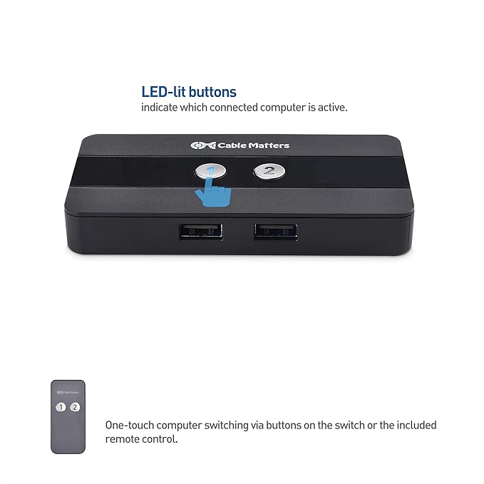 Cable Matters USB 2.0 Switch Hub USB Sharing Switch for 2 Computers and 4 USBA Peripherals - Button or Wireless Remote Control Swapping