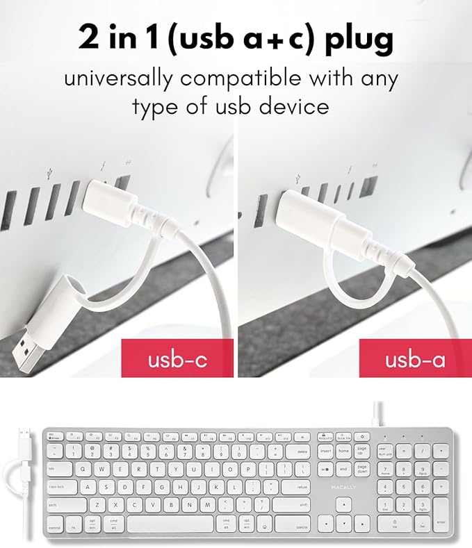 Macally Wired Keyboard for Mac with USB Hub (2X USB-A / 1x USB-C) - Compatible Backlit Apple Keyboard with Dual Interface - Auto OS Detection for Mac MacBook iMac PC Android iPad iOS - Silver