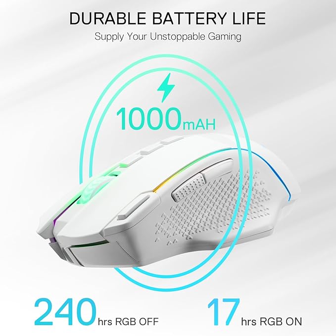 Redragon M991 Wireless Gaming Mouse 26000 DPI 3-Mode Gamer Mice w/Rapid Fire Key 9 Macro Buttons Powerful Capacity and RGB Backlight for PC/Mac/Laptop White