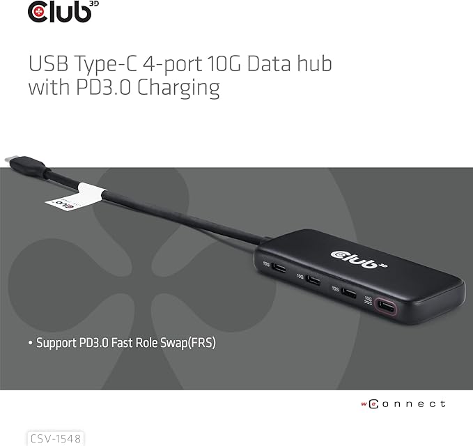 Club 3D CSV-1548 USB Type-C Hub with 4 Ports 10G Data Transfer PD3.0 Charging- Compatible with Gen2 USB Peripherals- 10Gbps Data Transfer Rate