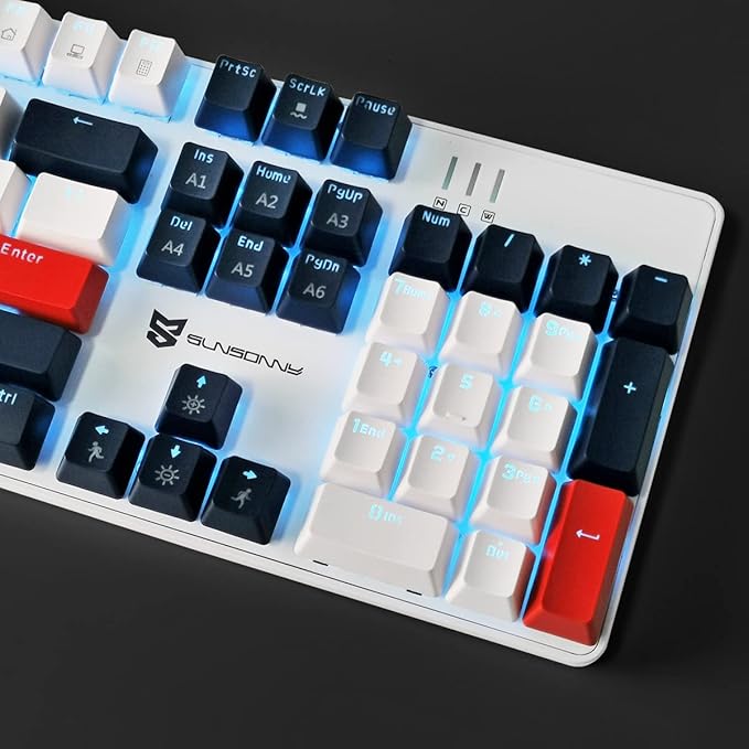 Qisan 104 Mechanical Keyboard for Gaming | Large Size USB White Backlit Gaming Keyboard Wired | US Layout Blue Switches Hot Swappable Mechanical Clicky Keyboards Compatible with PC &amp Laptop