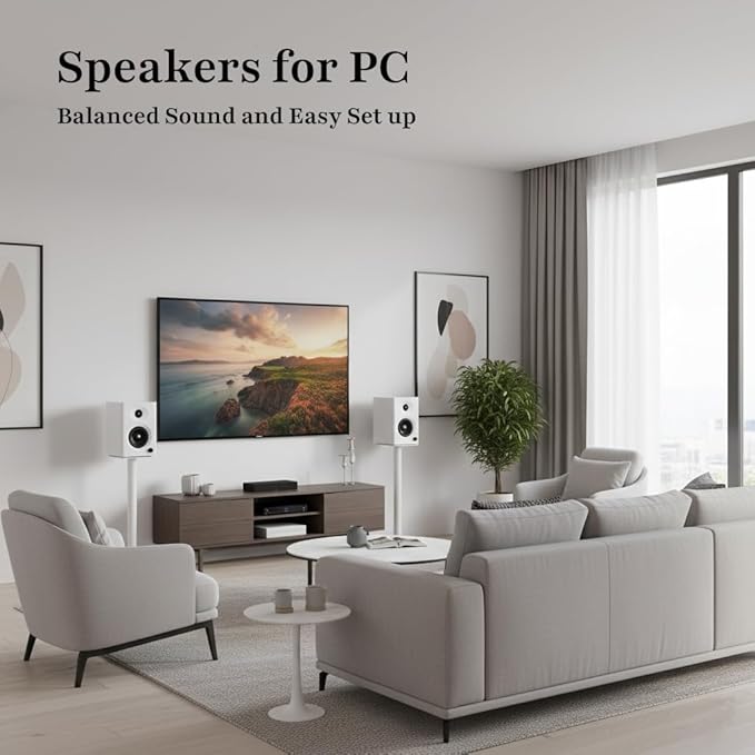 Desktop Speakers for PC Bookshelf Speakers with Clear Highs &amp Punchy Bass - 4 Woofer 80W Peak HiFi Audio for Monitor Home Theater Sound System and Computer White Pair