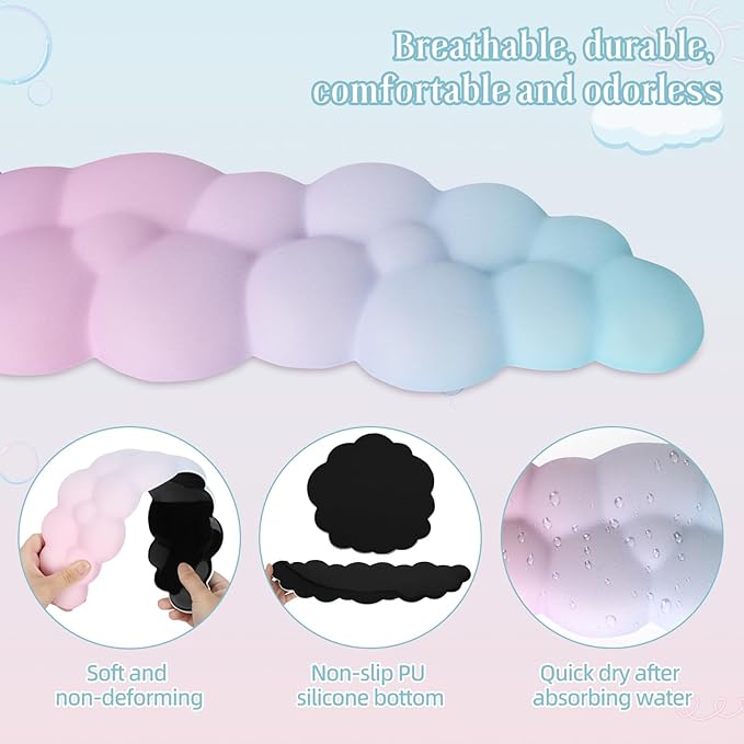 Cloud Mouse Keyboard Wrist Rest:Cute Wrist Rest Set -Ergonomic Memory Foam Wrist Support Pad with Non-Slip Base for Typing Pain Relief - for Computer Keyboard Laptop Offices (Cyan/Pale Purple/Pink)