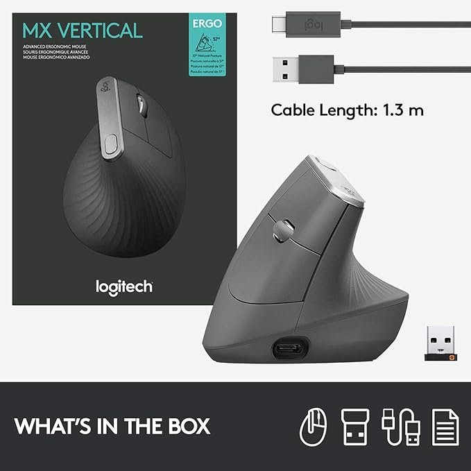 Logitech MX Vertical Wireless Mouse – Ergonomic Design Reduces Muscle Strain Move Content Between 3 Windows and Apple Computers Rechargeable Graphite