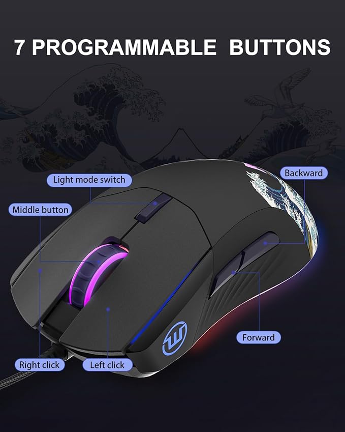 COSTOM Womier USB Wired Gaming Mouse for PC Computer Windows Mac Laptop Lightweight Silent RGB Backlit Mouse with Adjustable 12000DPI/7 Programmable Side ButtonsBlack Kanagawa Theme-G705 V2
