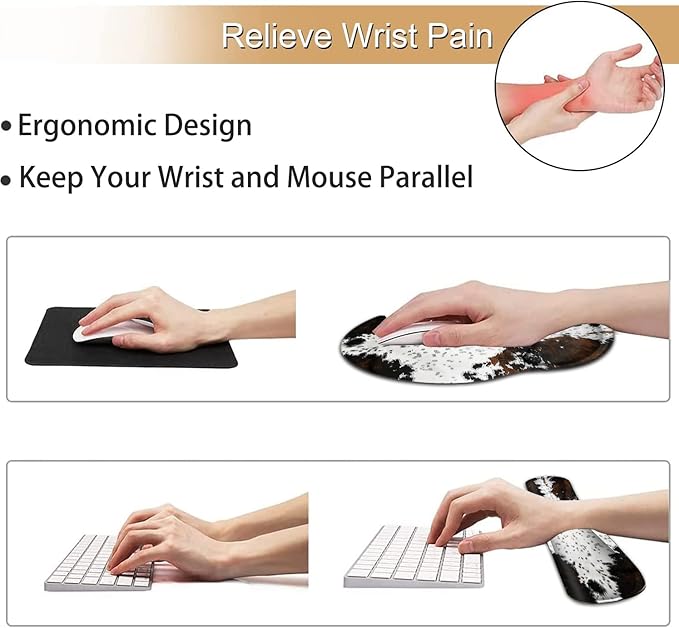 Ergonomic Mouse Pad Gel Wrist Support and Memory Foam Keyboard Wrist Rest Set for Gaming Computer Office Laptop Easy Typing Wireless Mouse Mat Black &amp White Cowhide Fur Pattern Office Desk Pad