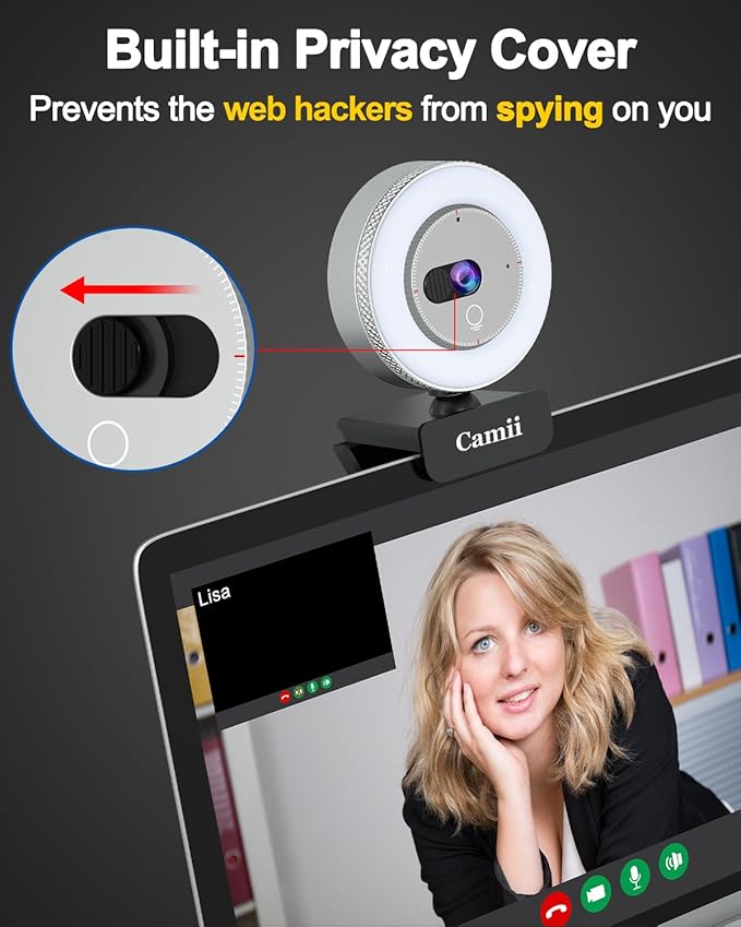 Camii 2K Webcam with Light HD Webcam for PC with Built-in Privacy Cover Adjustable Brightness Noise Reduction Mics for Zoom Skype Teams Laptop and Google Meet